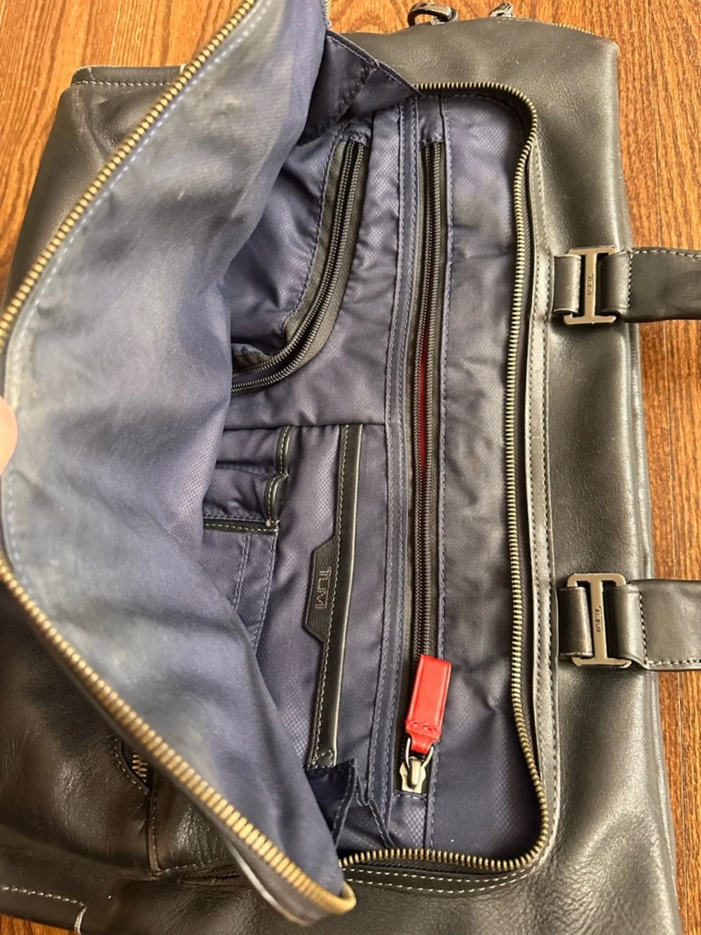 Tumi Black Leather Briefcase Tote with Front Zip Pockets